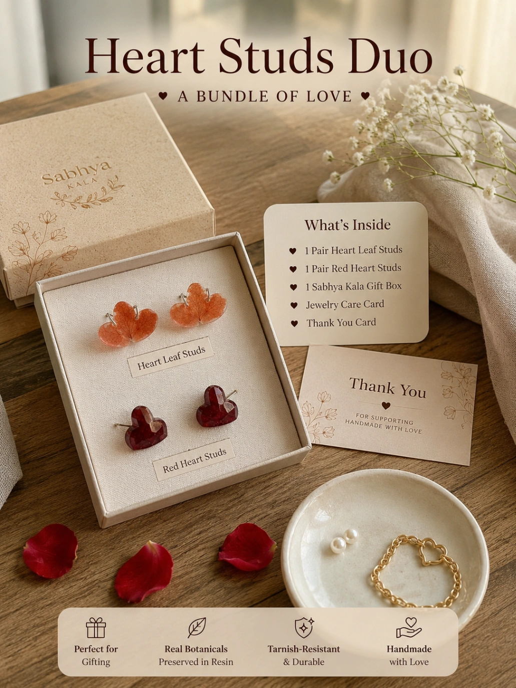 Heart Studs Duo - Luxury Handcrafted Resin Art | Sabhya Kala