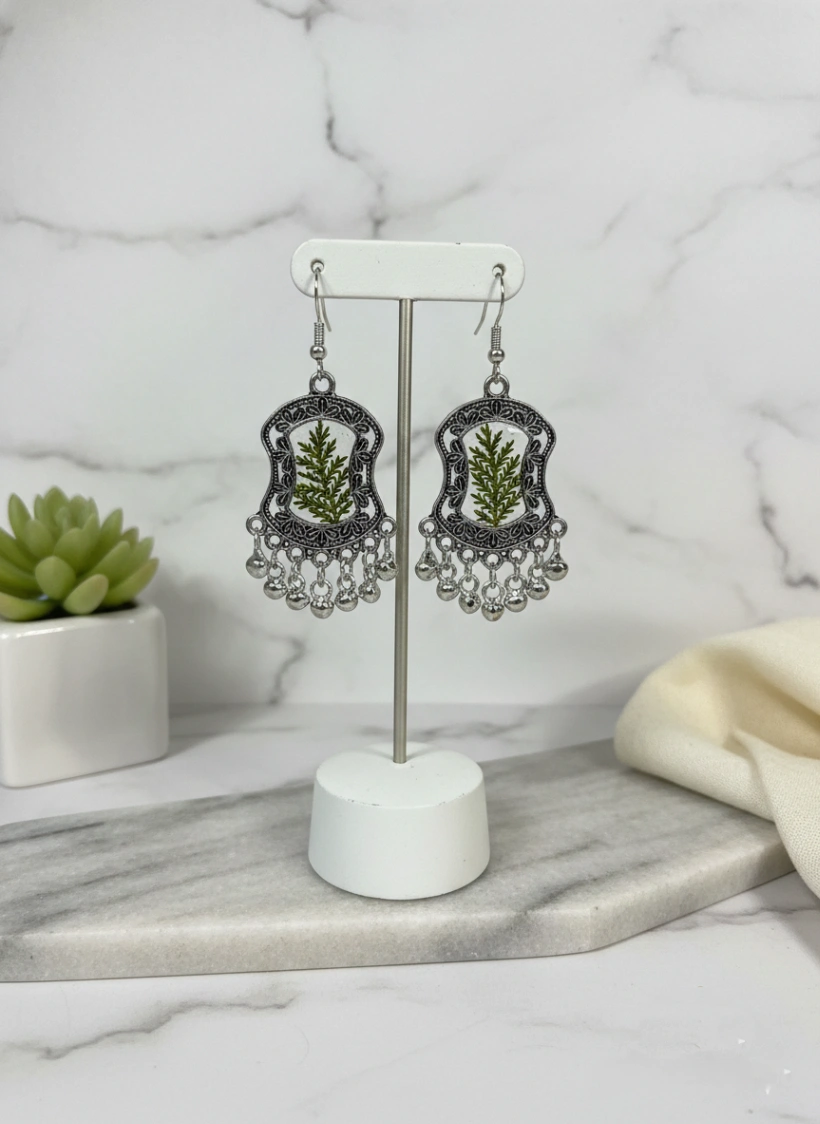 Oxidized Silver Fern Leaf Resin Earrings view 1