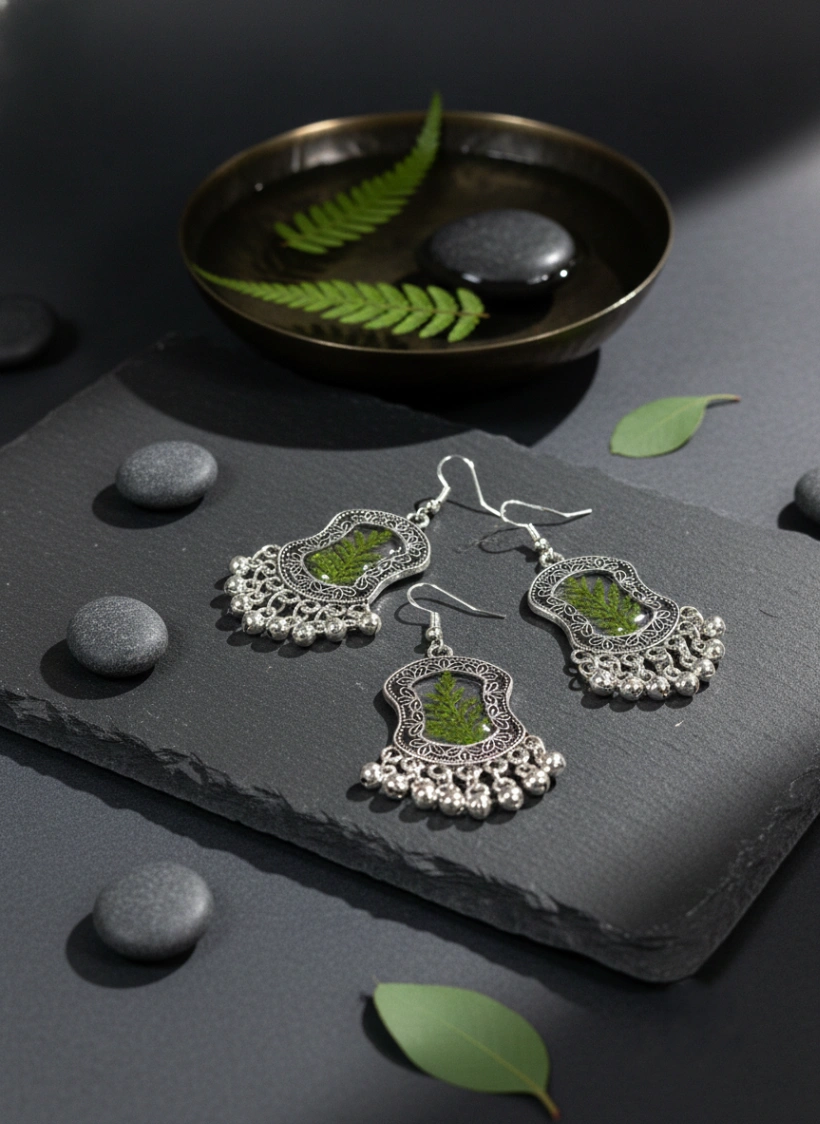 Oxidized Silver Fern Leaf Resin Earrings view 2