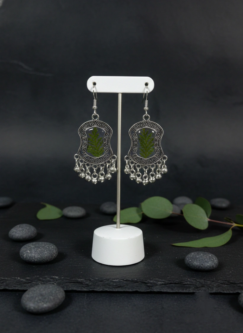 Oxidized Silver Fern Leaf Resin Earrings view 3