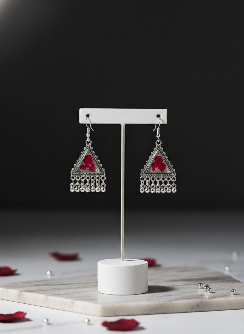 Art Collection - Real Red Rose Petal Oxidized Triangle Earrings | Sabhya Kala Handcrafted Art