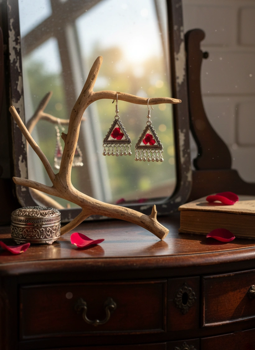 Real Red Rose Petal Oxidized Triangle Earrings view 2
