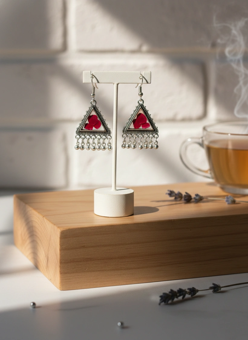 Real Red Rose Petal Oxidized Triangle Earrings view 3