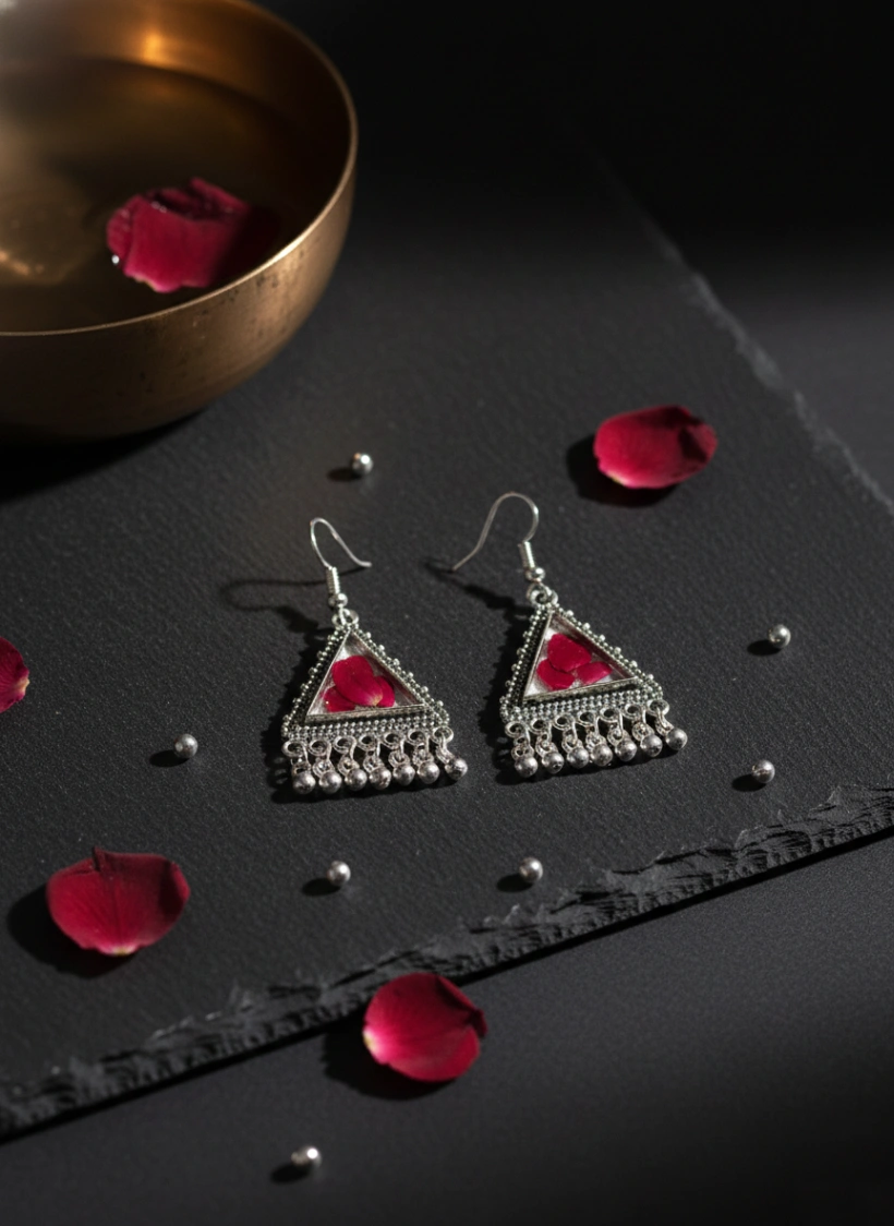 Real Red Rose Petal Oxidized Triangle Earrings view 4
