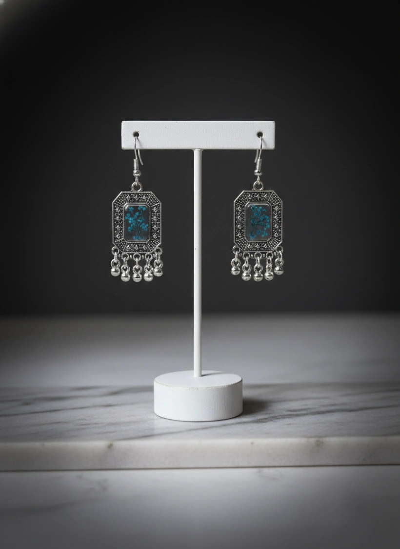 Art Collection - Real Blue Forget-Me-Not Oxidized Earrings | Sabhya Kala Handcrafted Art