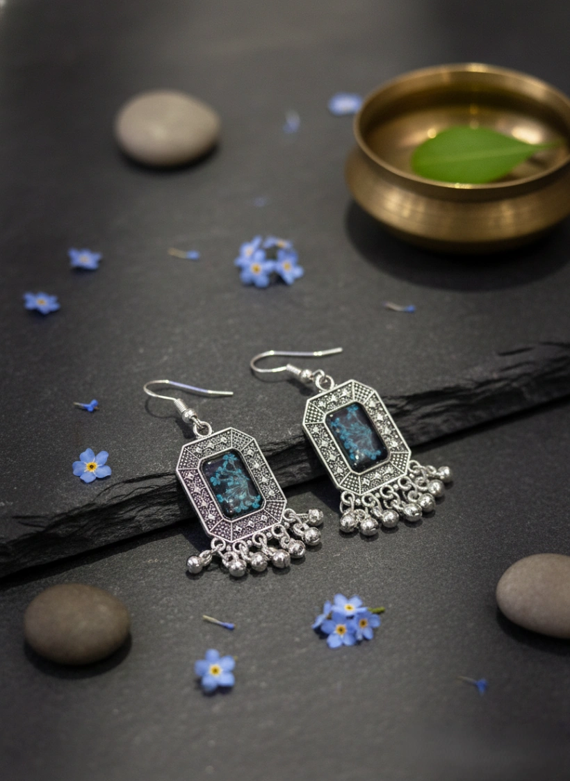 Real Blue Forget-Me-Not Oxidized Earrings view 2