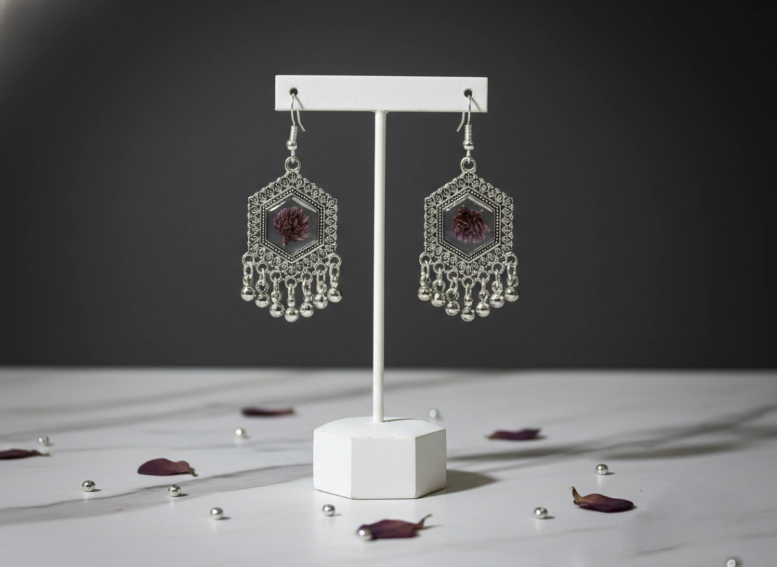 Real Purple Statice Hexagon Earrings view 3