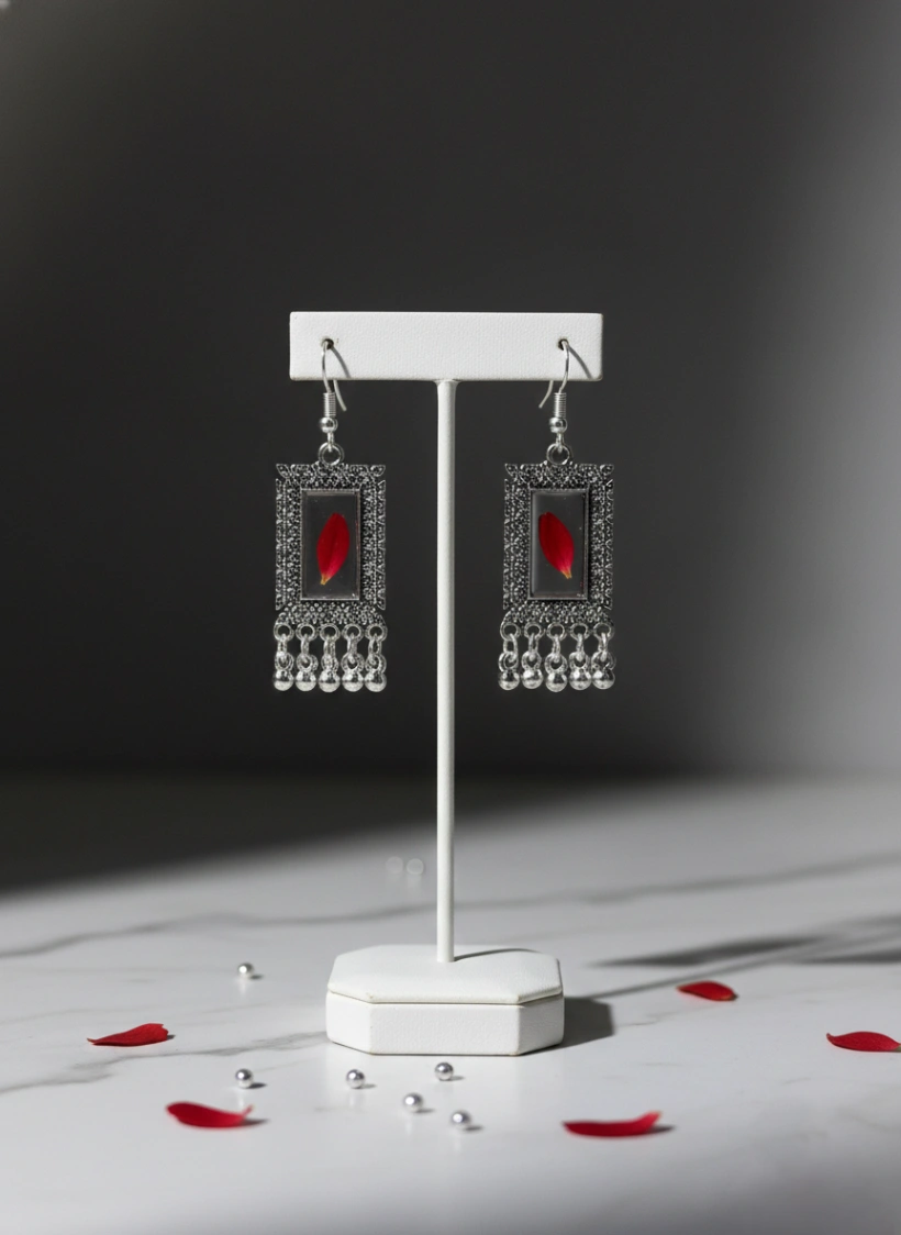 Real Red Rose Rectangular Earrings