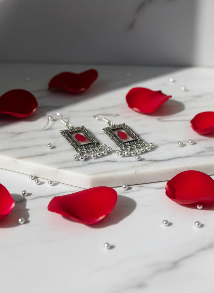 Real Red Rose Rectangular Earrings view 2