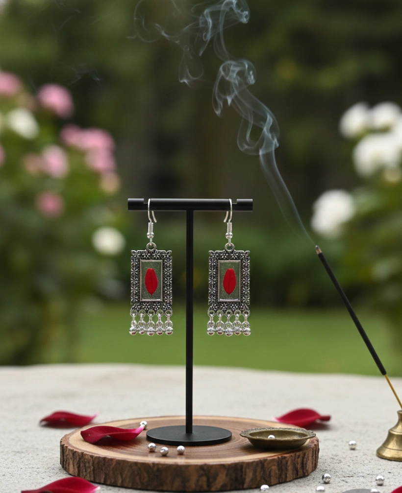 Real Red Rose Rectangular Earrings view 3