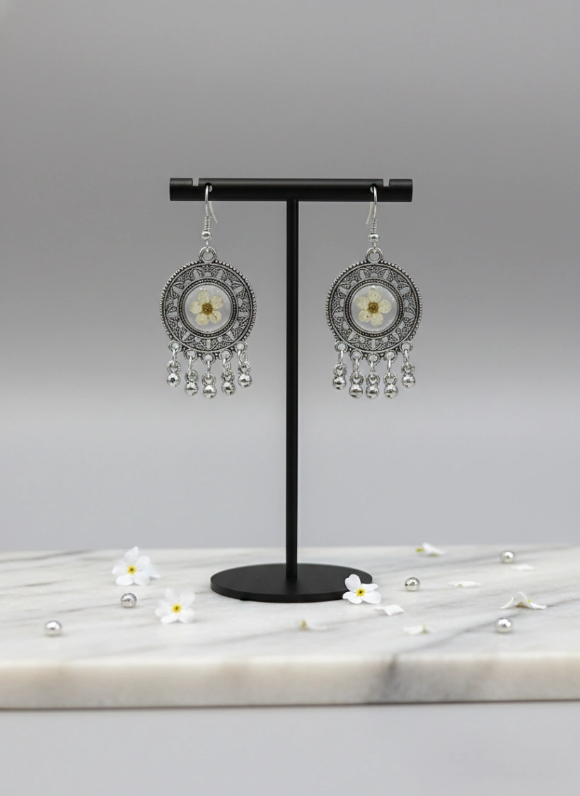 Real White Blossom Mandala Earrings