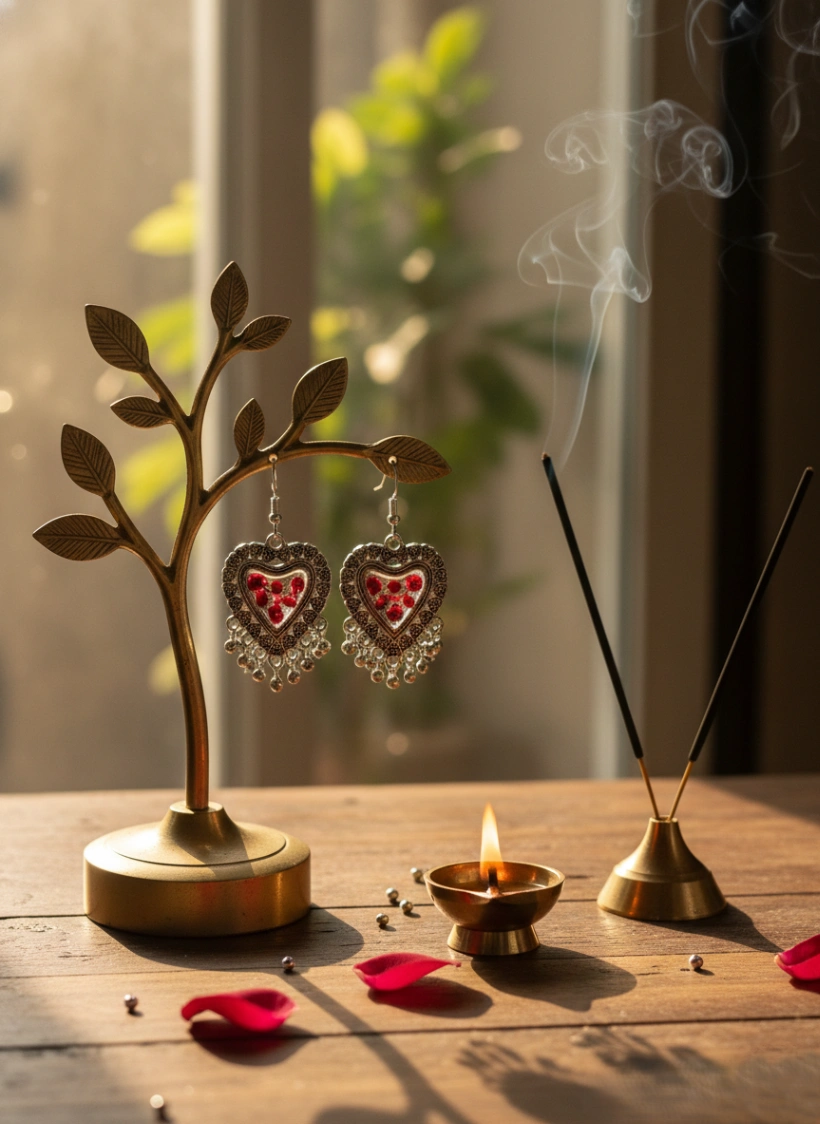 Art Collection - Real Red Rose Hridaya Heart Earrings | Sabhya Kala Handcrafted Art