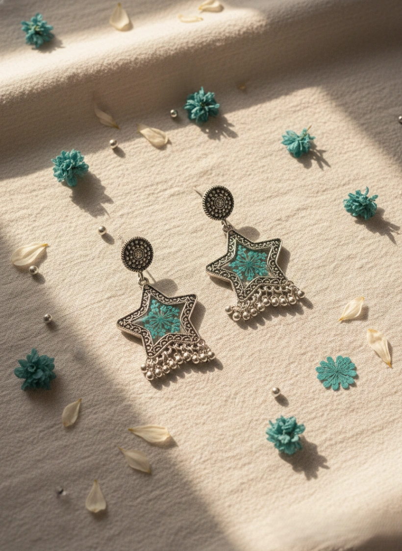 Teal Wildflower Star Oxidized Earrings