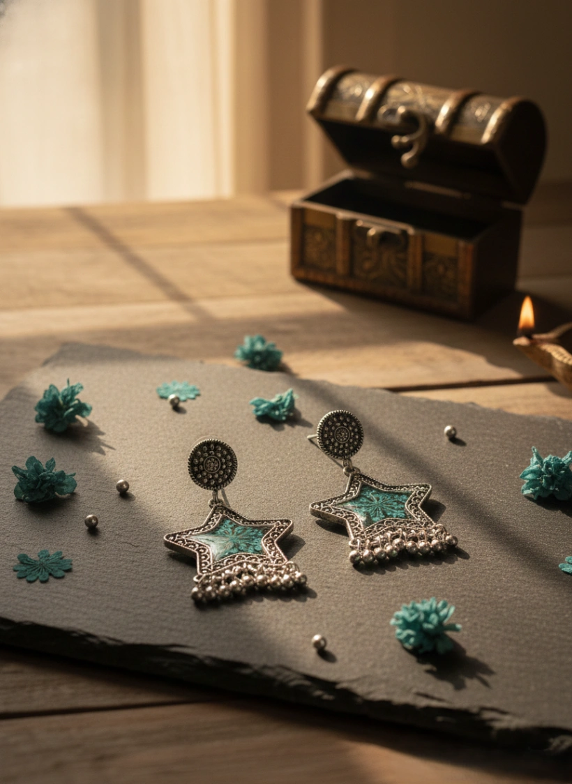 Teal Wildflower Star Oxidized Earrings view 2