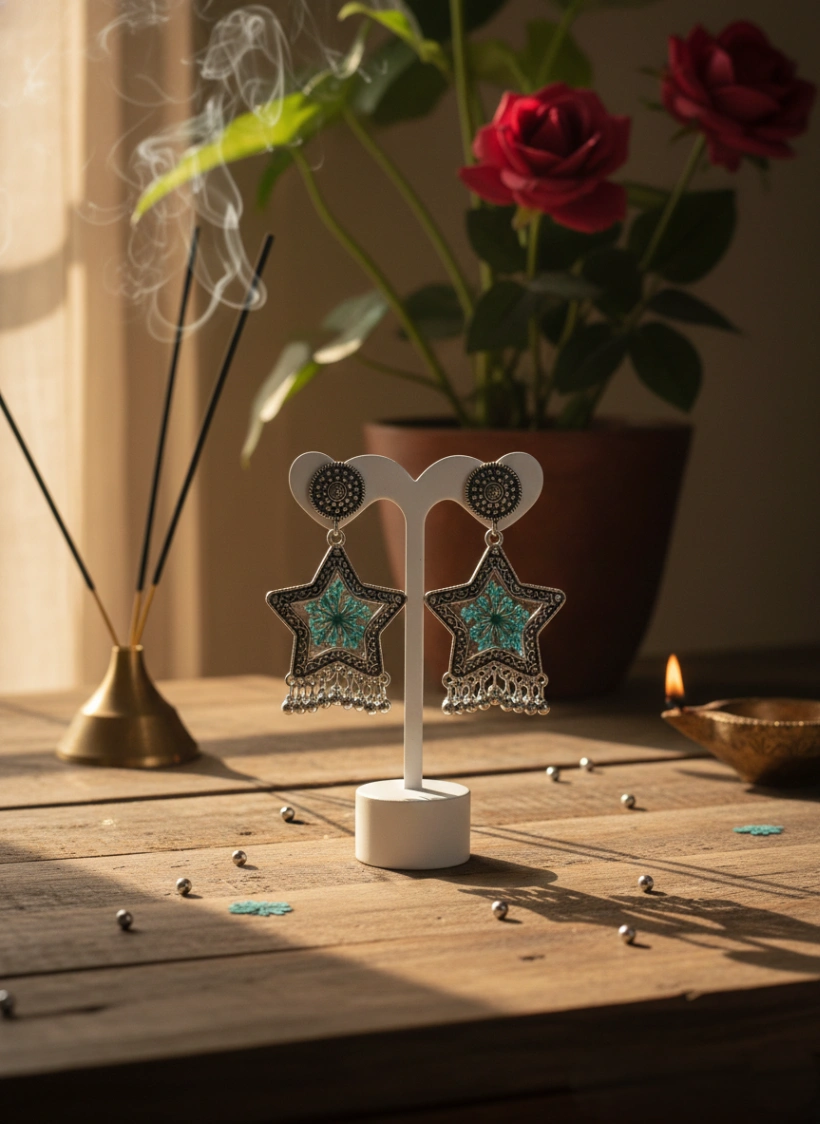 Teal Wildflower Star Oxidized Earrings view 3