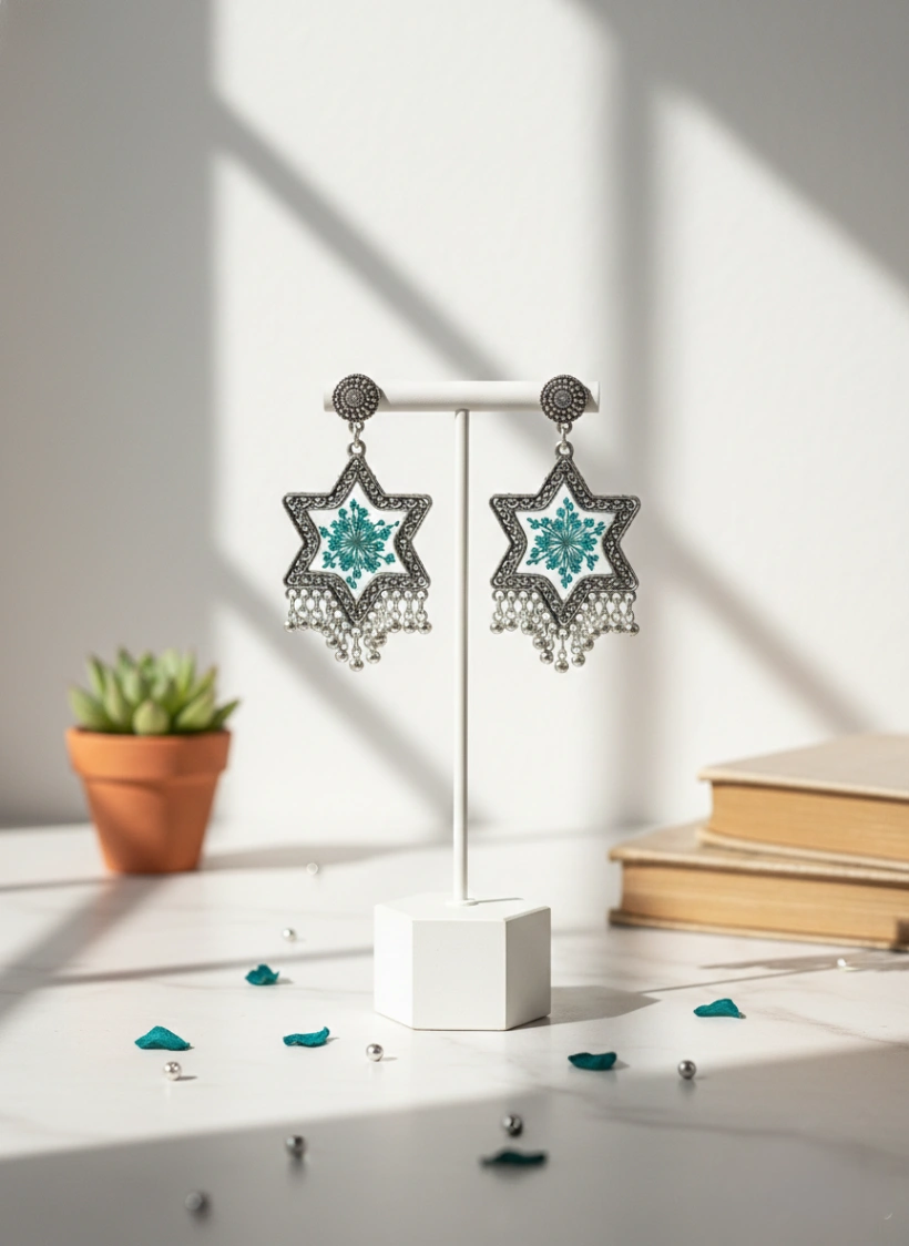 Teal Wildflower Star Oxidized Earrings view 4