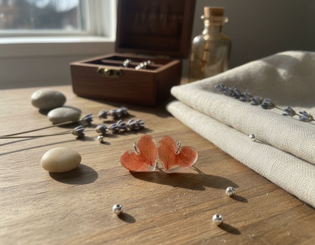 Art Collection - Autumn Ember Heart Resin Stud Earrings | Sabhya Kala Handcrafted Art