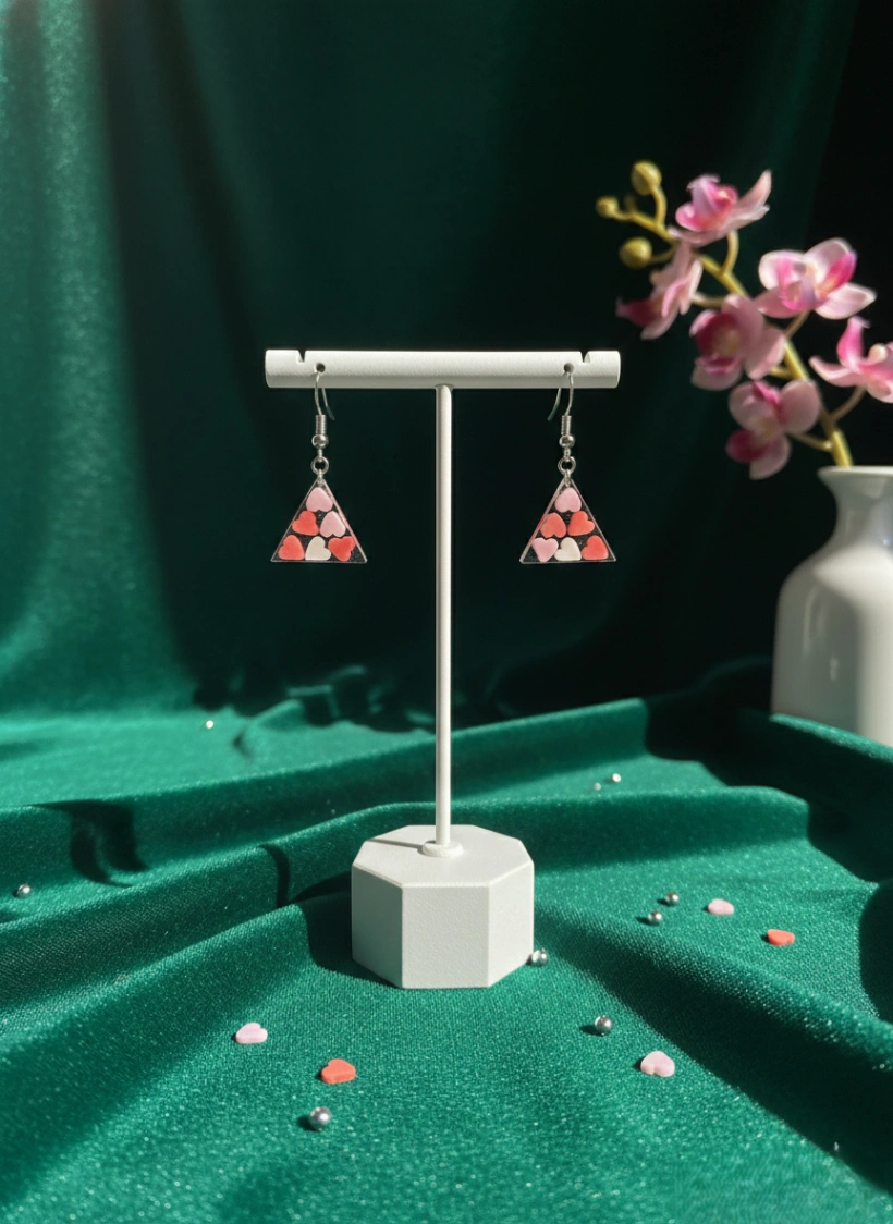 Mosaic Heart Geometric Equilateral Triangle Resin Earrings - Luxury Handcrafted Resin Art | Sabhya Kala
