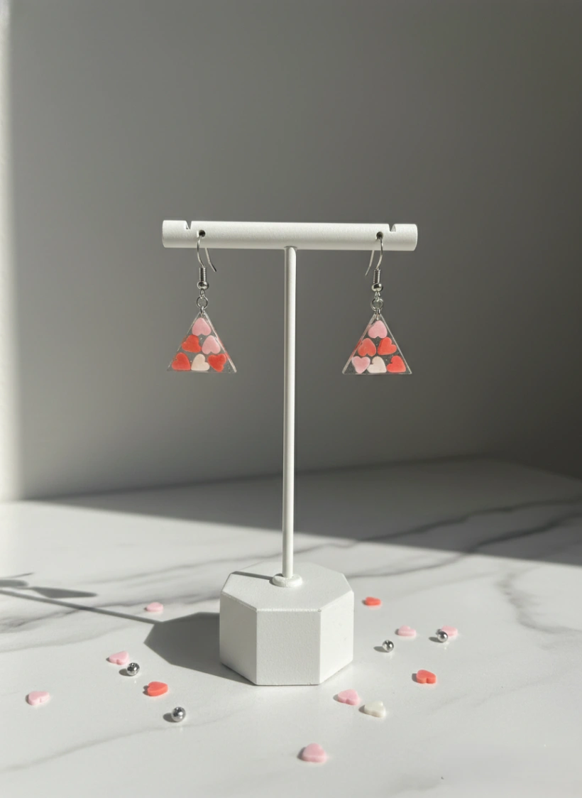 Mosaic Heart Geometric Equilateral Triangle Resin Earrings view 4