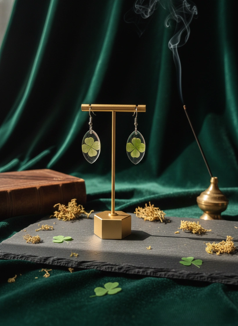 Handcrafted Real Four-Leaf Clover Oval Resin Earrings - Luxury Handcrafted Resin Art | Sabhya Kala