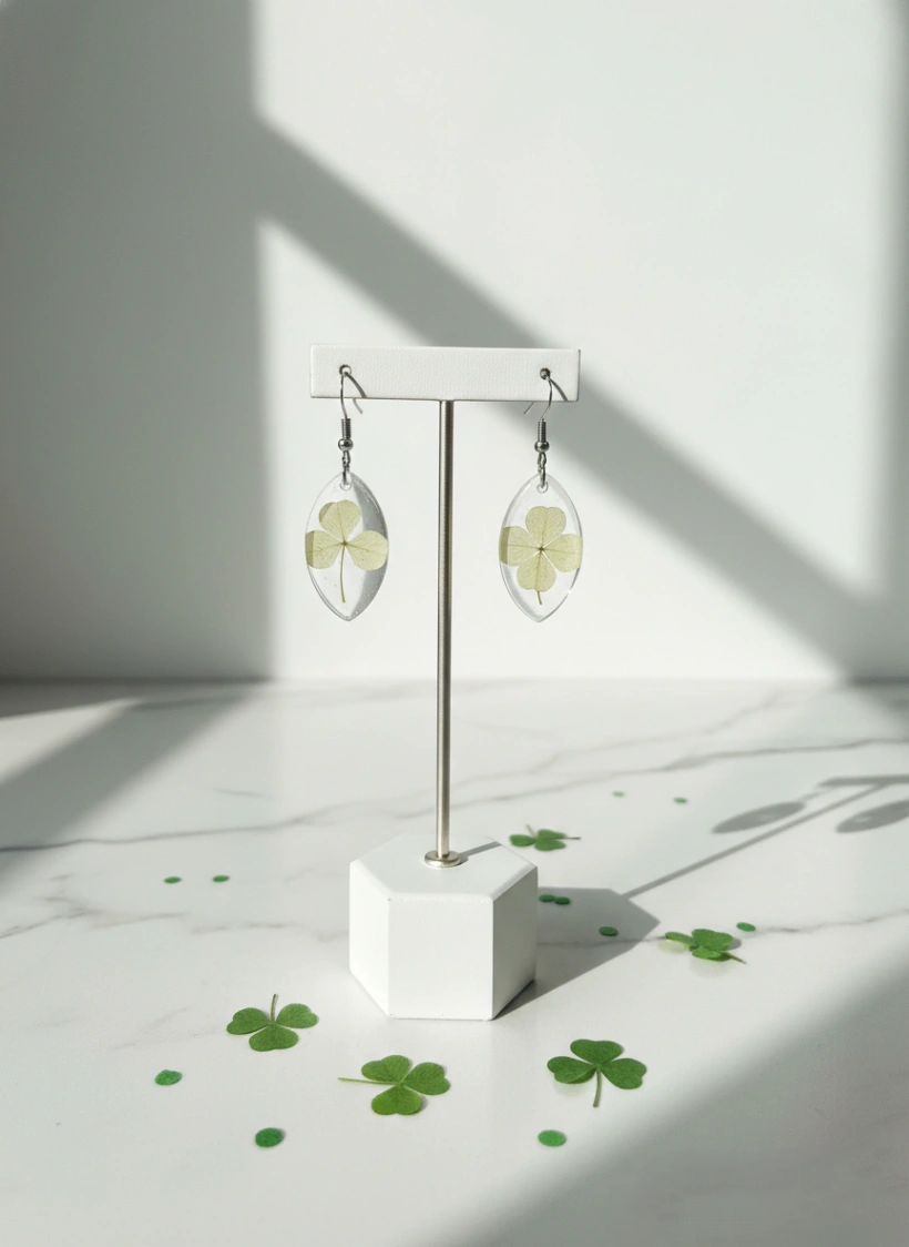 Handcrafted Real Four-Leaf Clover Oval Resin Earrings view 2
