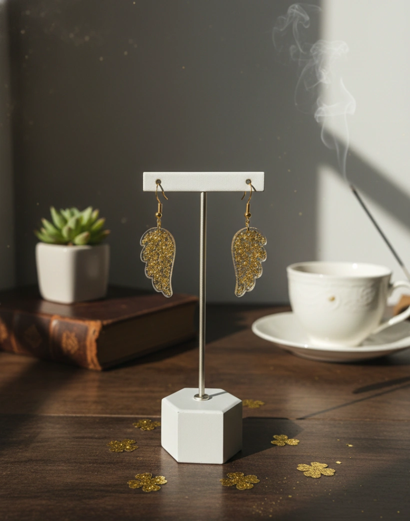 Seraphic glow handcrafted gold shimmer angel wing earrings