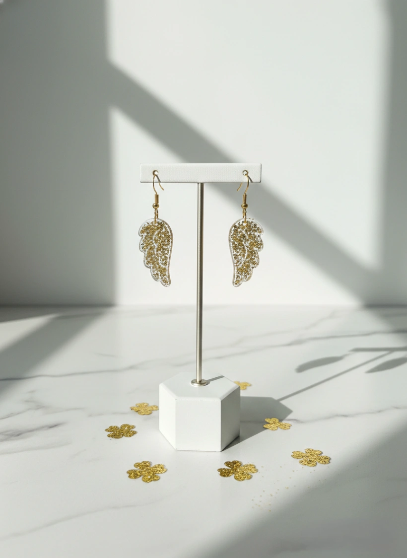 Seraphic glow handcrafted gold shimmer angel wing earrings view 3