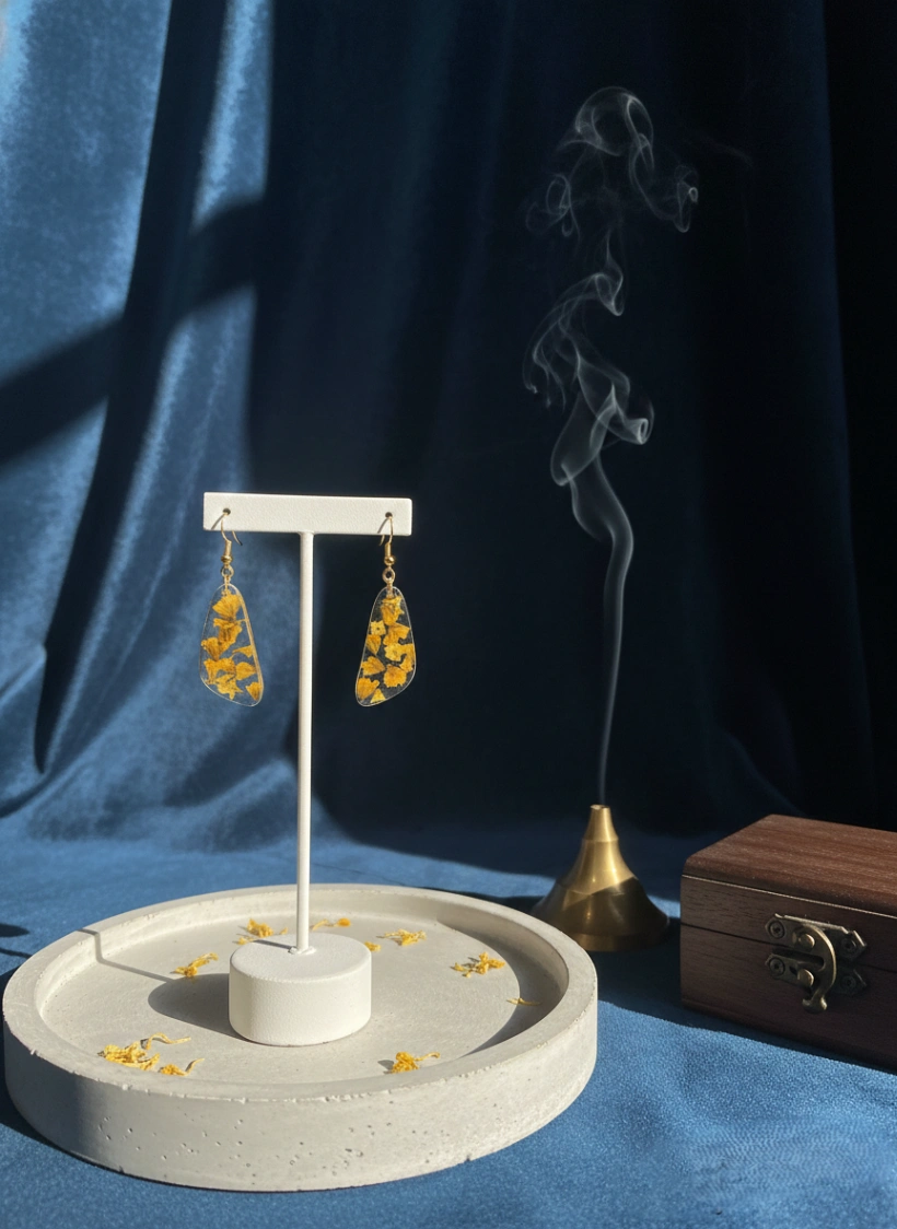 Handcrafted Sun-Drenched Yellow Statice Teardrop Earrings - Luxury Handcrafted Resin Art | Sabhya Kala