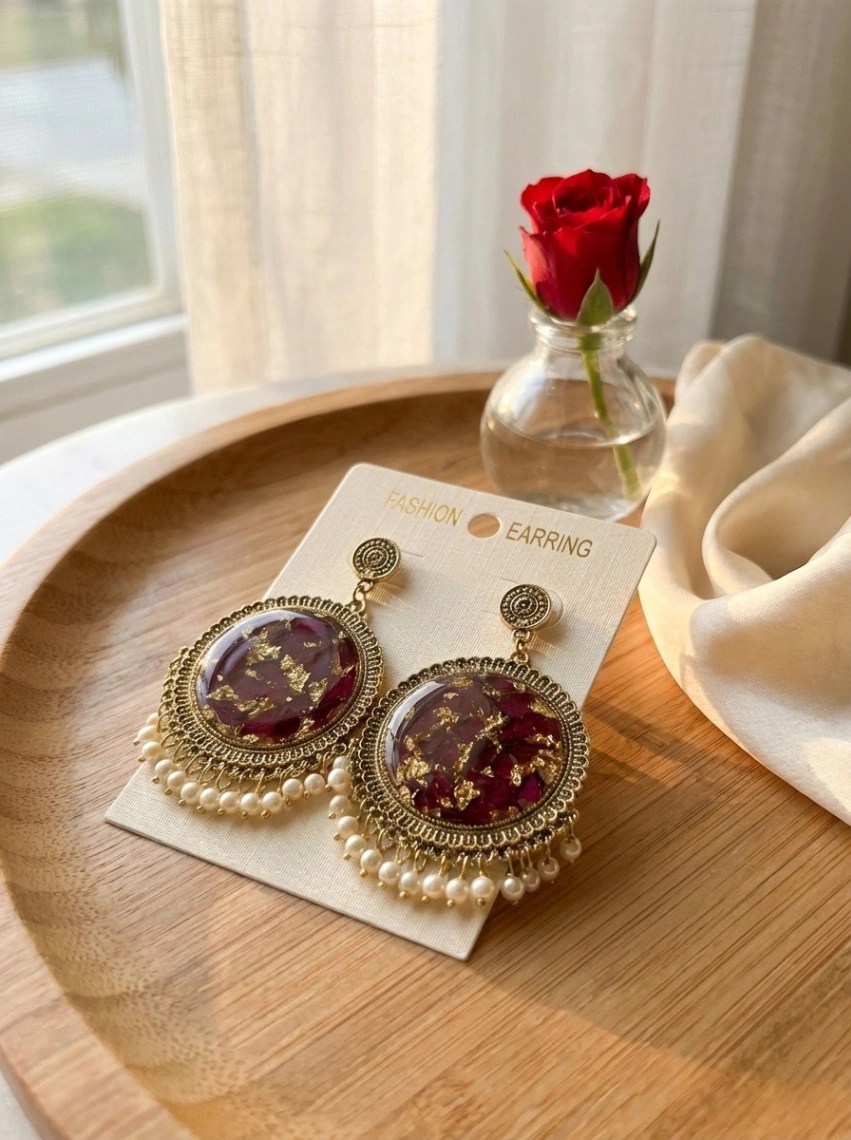 Virasat: Antique Pearl Resin Chandbalis - Luxury Handcrafted Resin Art | Sabhya Kala