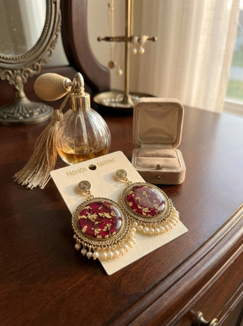 Virasat: Antique Pearl Resin Chandbalis view 2