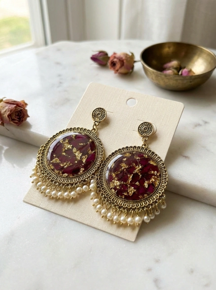 Virasat: Antique Pearl Resin Chandbalis view 3