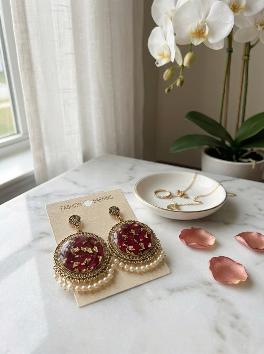 Virasat: Antique Pearl Resin Chandbalis view 4