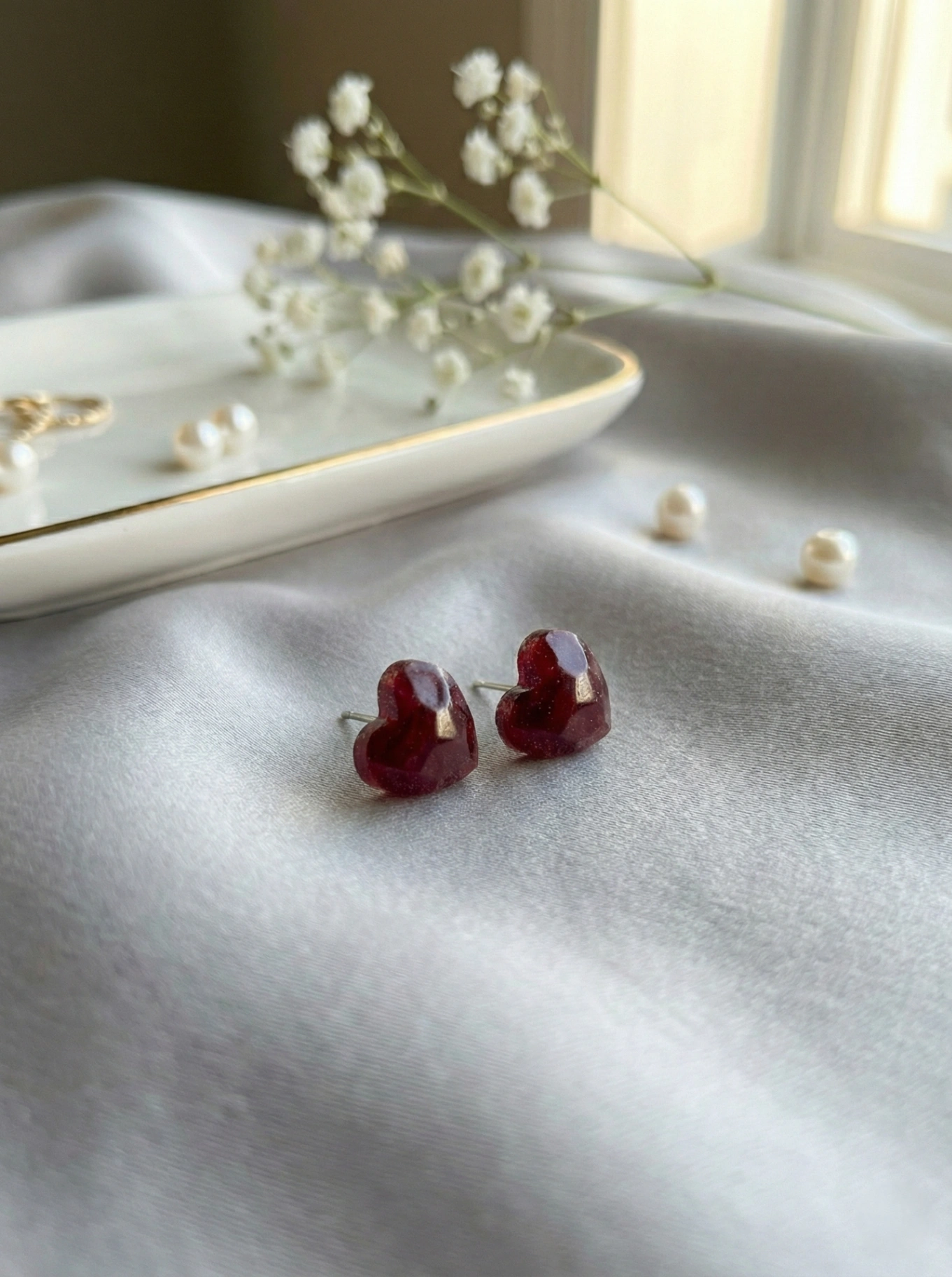 Ruby Heart Resin Studs
