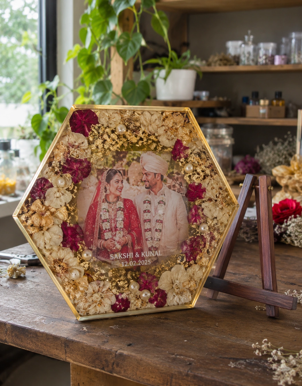 Premium Hexagonal Varmala Preservation Frame - Luxury Handcrafted Resin Art | Sabhya Kala