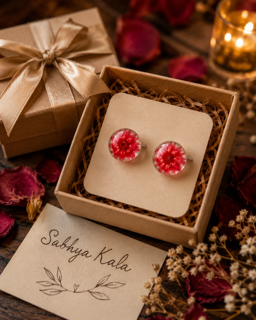 Real Red Bloom Resin Dome Stud Earrings