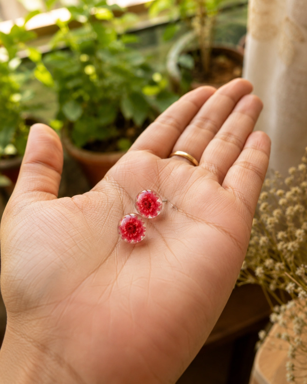 Real Red Bloom Resin Dome Stud Earrings view 4