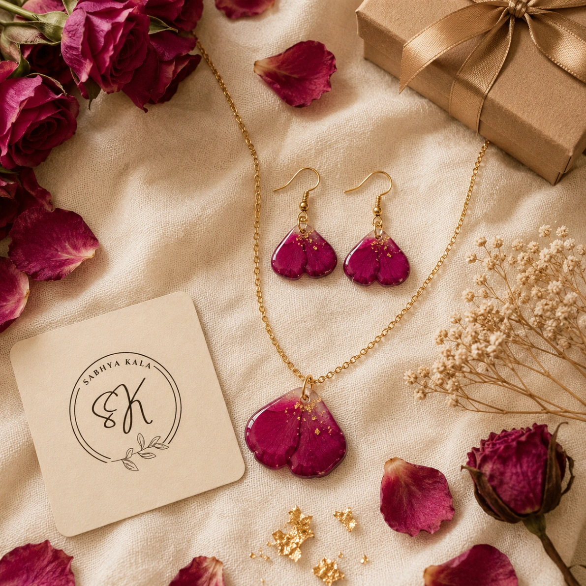 Real Rose Petal Resin Necklace & Earring Set