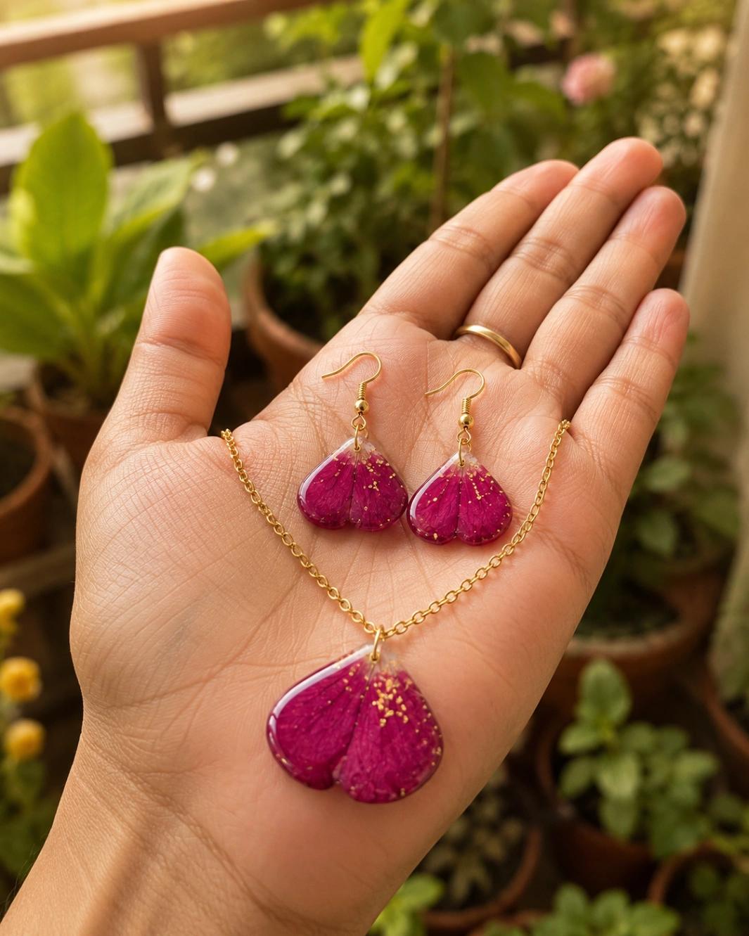 Real Rose Petal Resin Necklace & Earring Set view 2