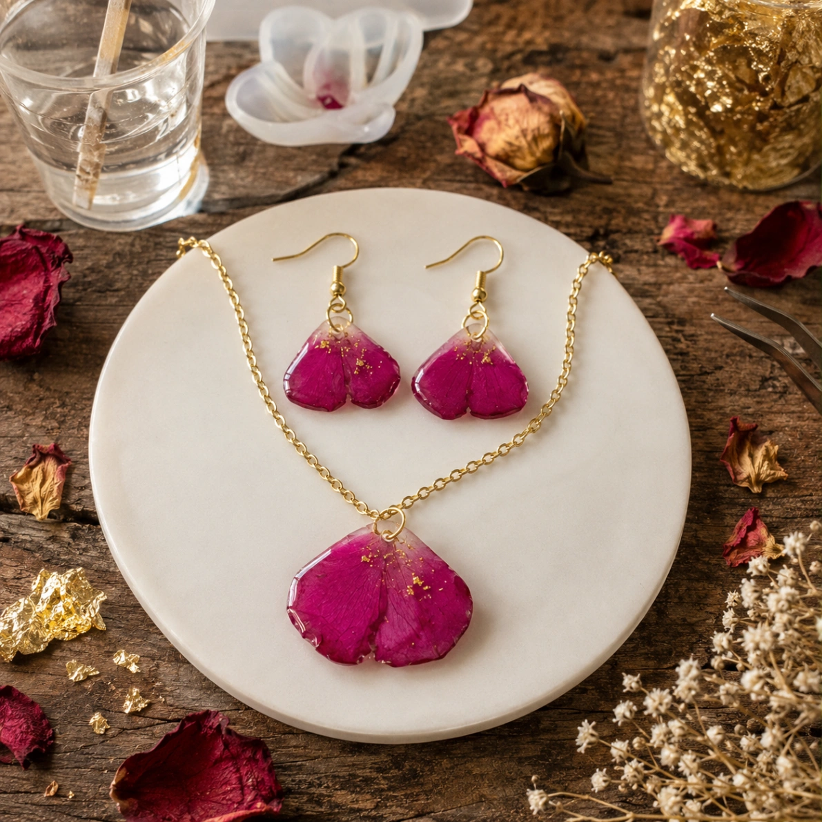 Real Rose Petal Resin Necklace & Earring Set view 3