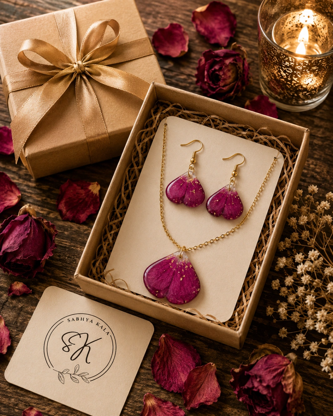 Real Rose Petal Resin Necklace & Earring Set view 4