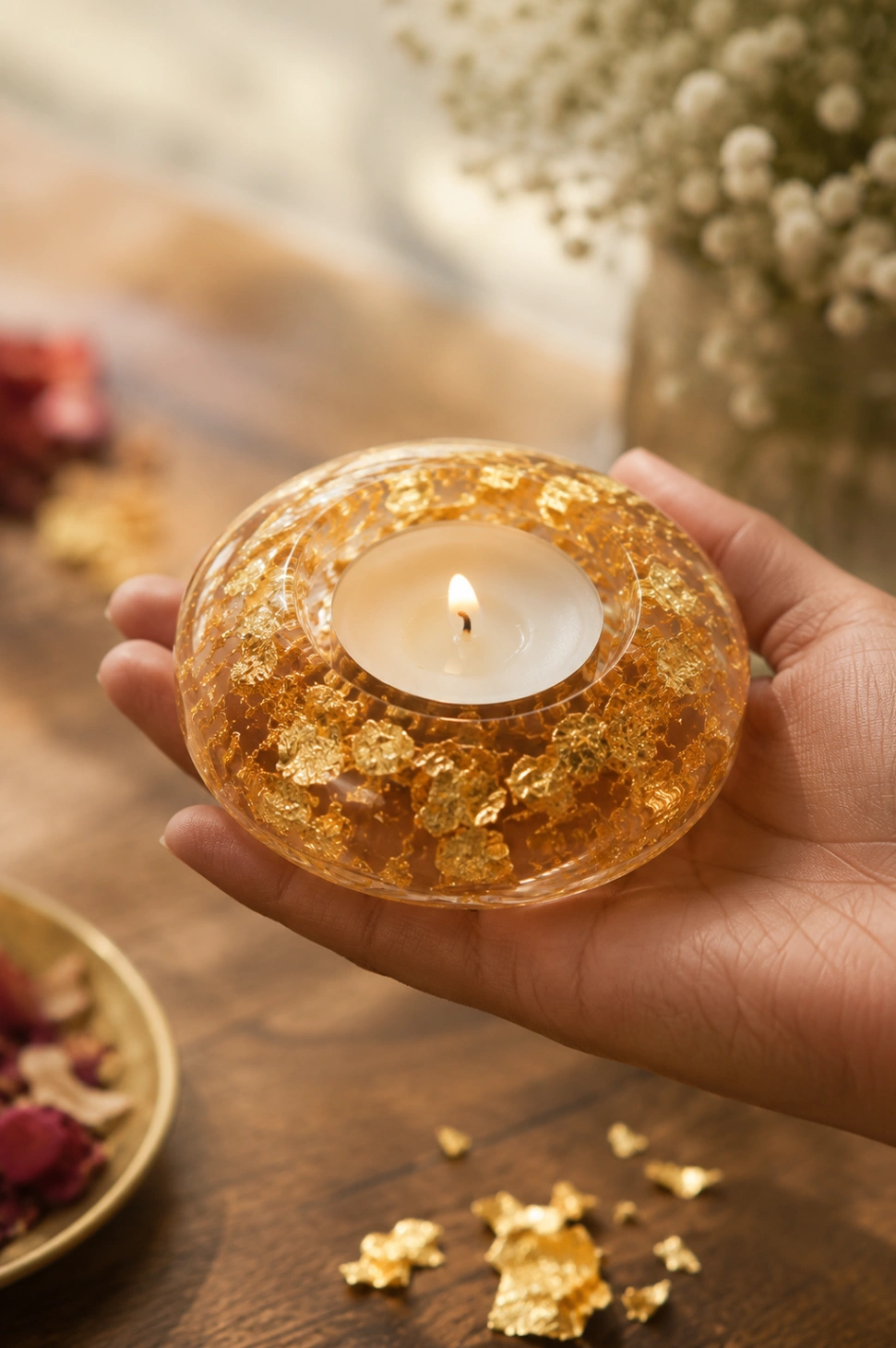 Gold Leaf Resin Tealight Holders (Set of 2)