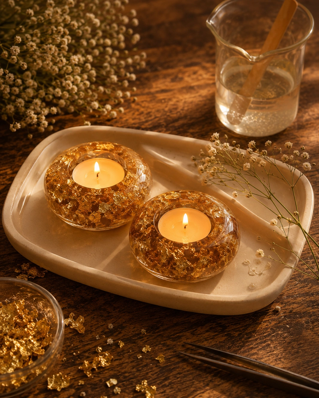 Gold Leaf Resin Tealight Holders (Set of 2) view 2