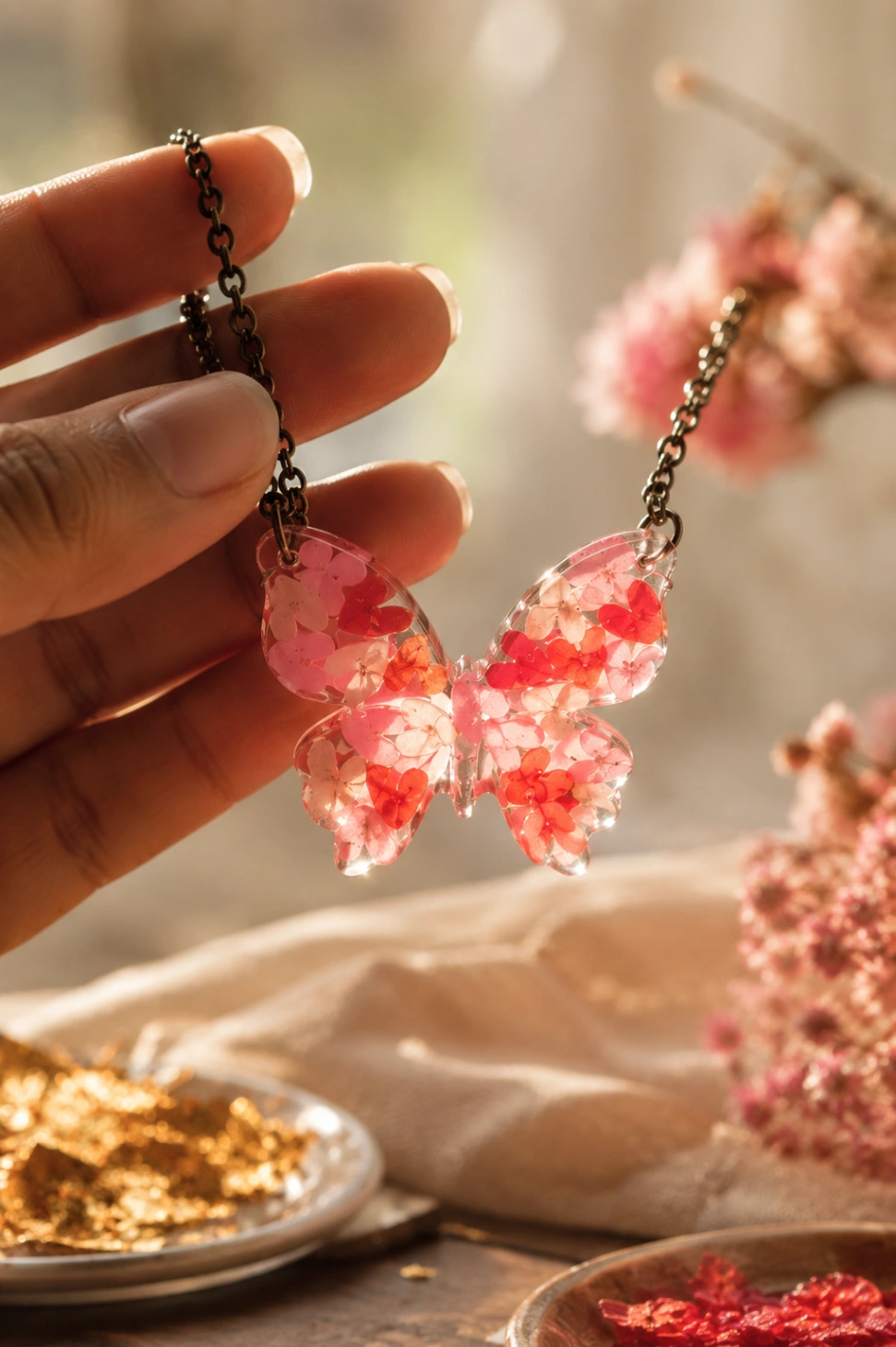 Real Flower Butterfly Resin Pendant Necklace - Luxury Handcrafted Resin Art | Sabhya Kala