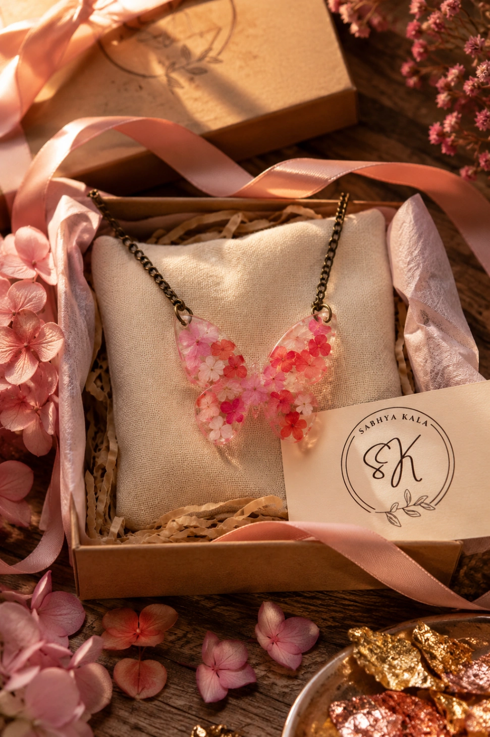 Real Flower Butterfly Resin Pendant Necklace view 3