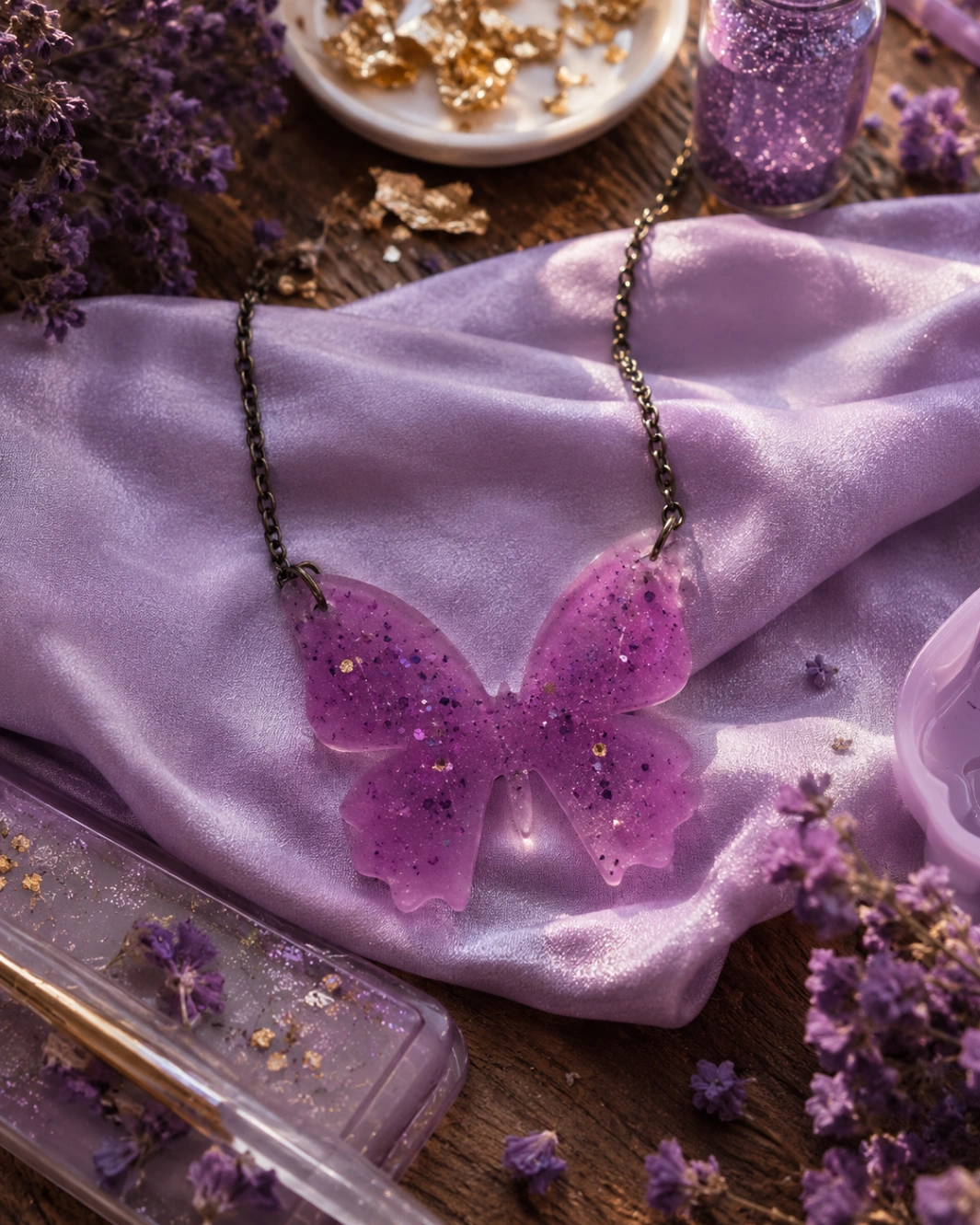 Titli Amethyst Shimmer Butterfly Resin Pendant Necklace