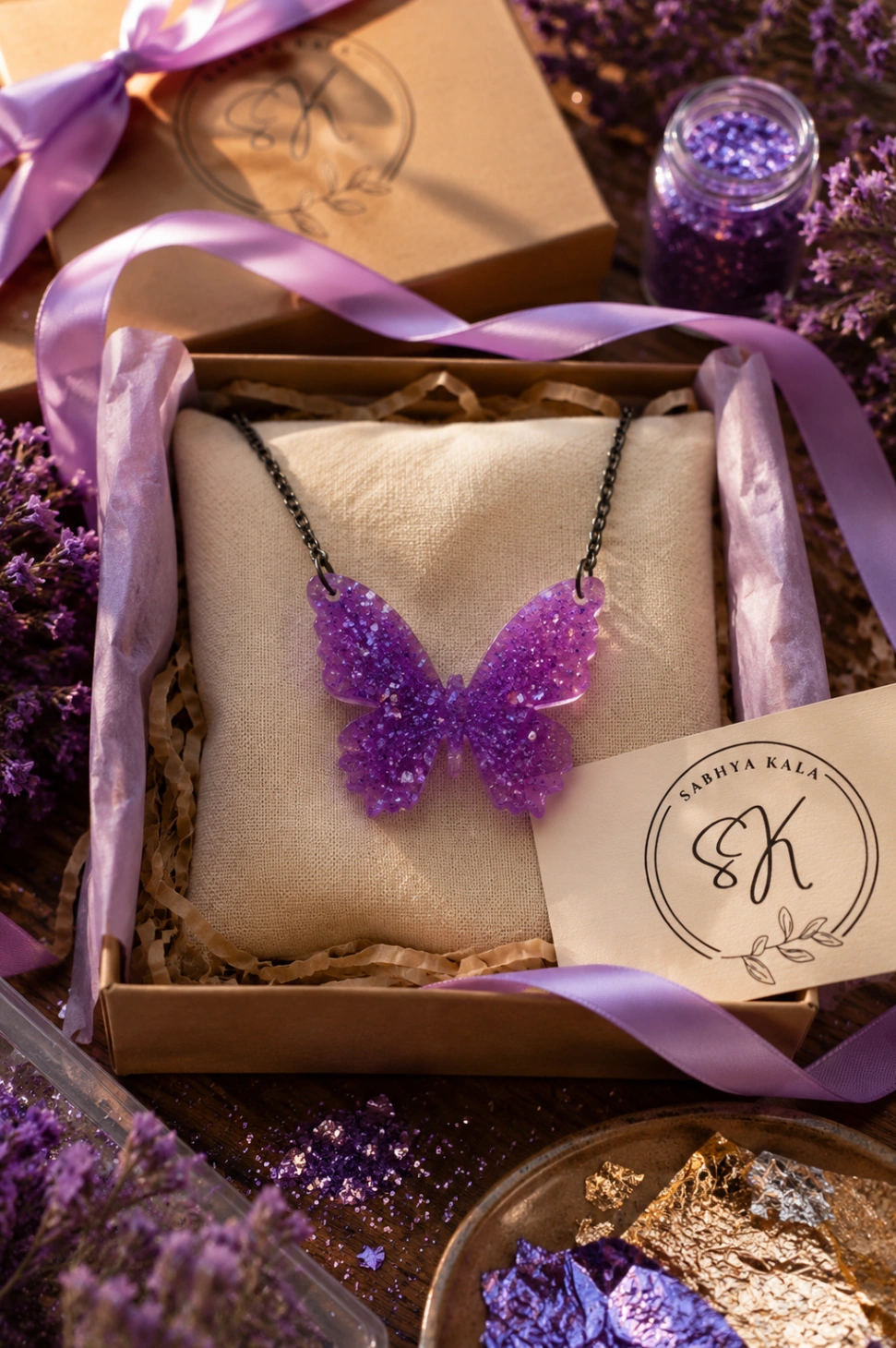 Titli Amethyst Shimmer Butterfly Resin Pendant Necklace view 2