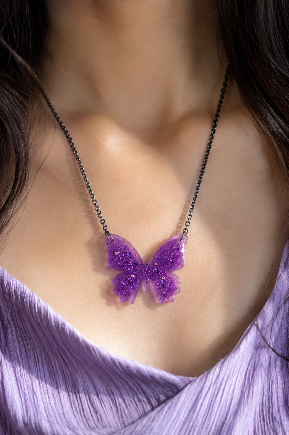 Titli Amethyst Shimmer Butterfly Resin Pendant Necklace view 3